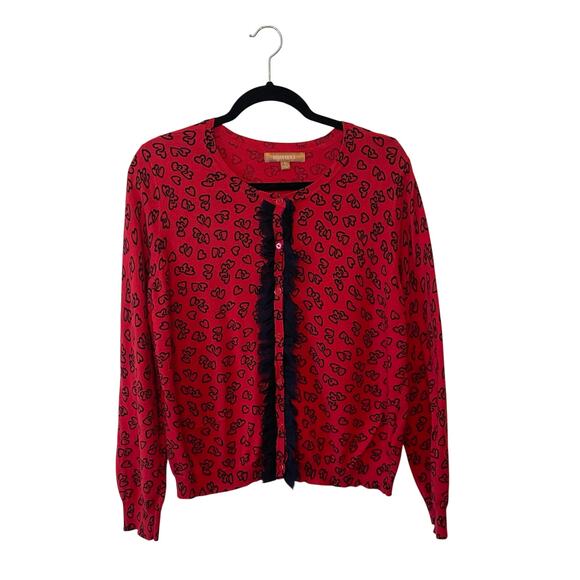 Ellen Tracy L Valentine’s Day coquette cardigan AOP hearts long sleeve red - Picture 1 of 7